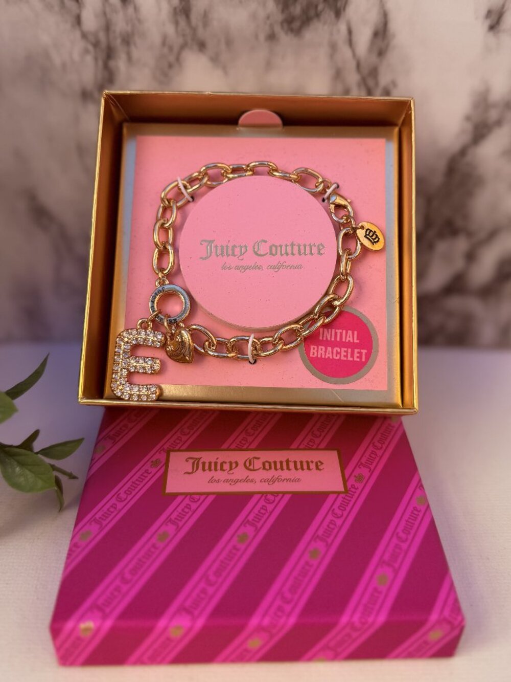 Juicy Couture Initial Charm Bracelet Letter E Rhinestone Heart Gold Tone Gift Bo